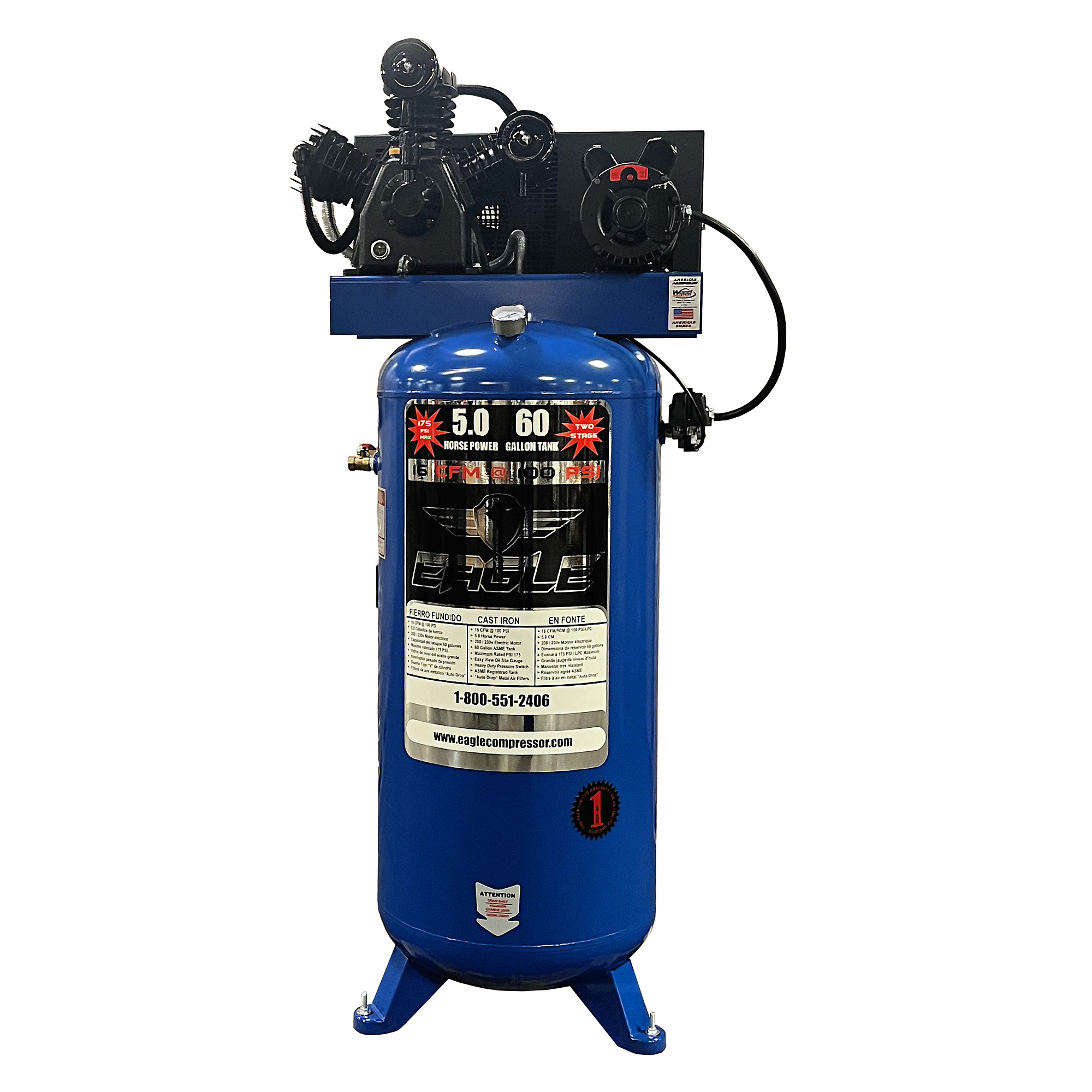 EAGLE, 60 Gallon 2 Stage Air Compressor, Horsepower 5 HP, Air Tank Size 60 Gal, Volts 220 Volt, Model# 5160V2